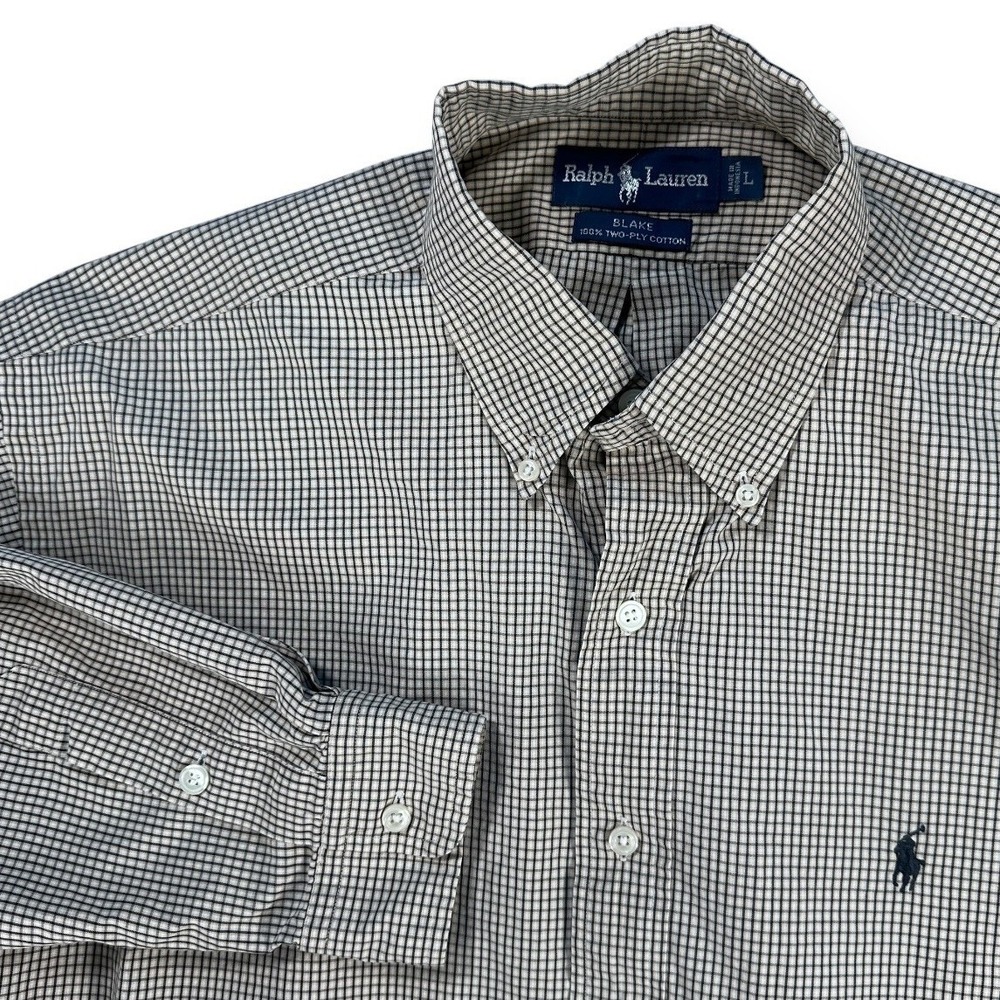 Ralph Lauren Blake Mens Large Tan Navy Check 100% Cotton Button Down Shirt L